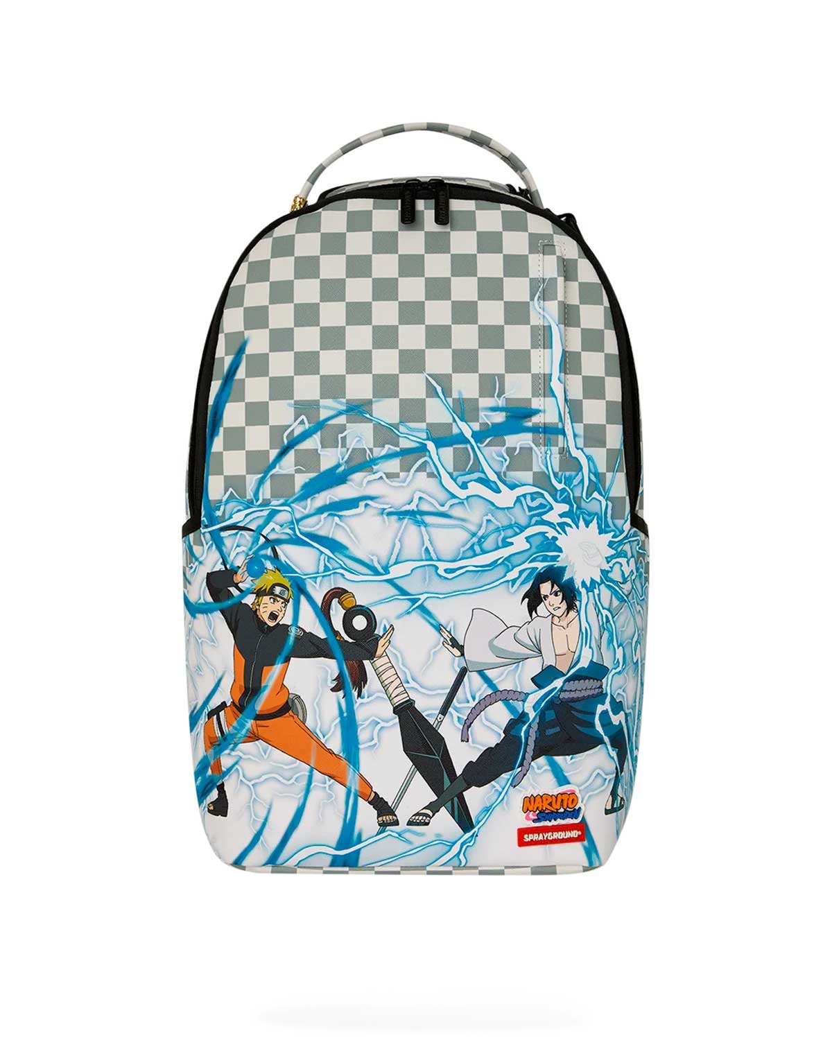 Sprayground Naruto vs Sasuke Backpack, white checkered backpack with Naruto and Sasuke lightning clash graphic, front view