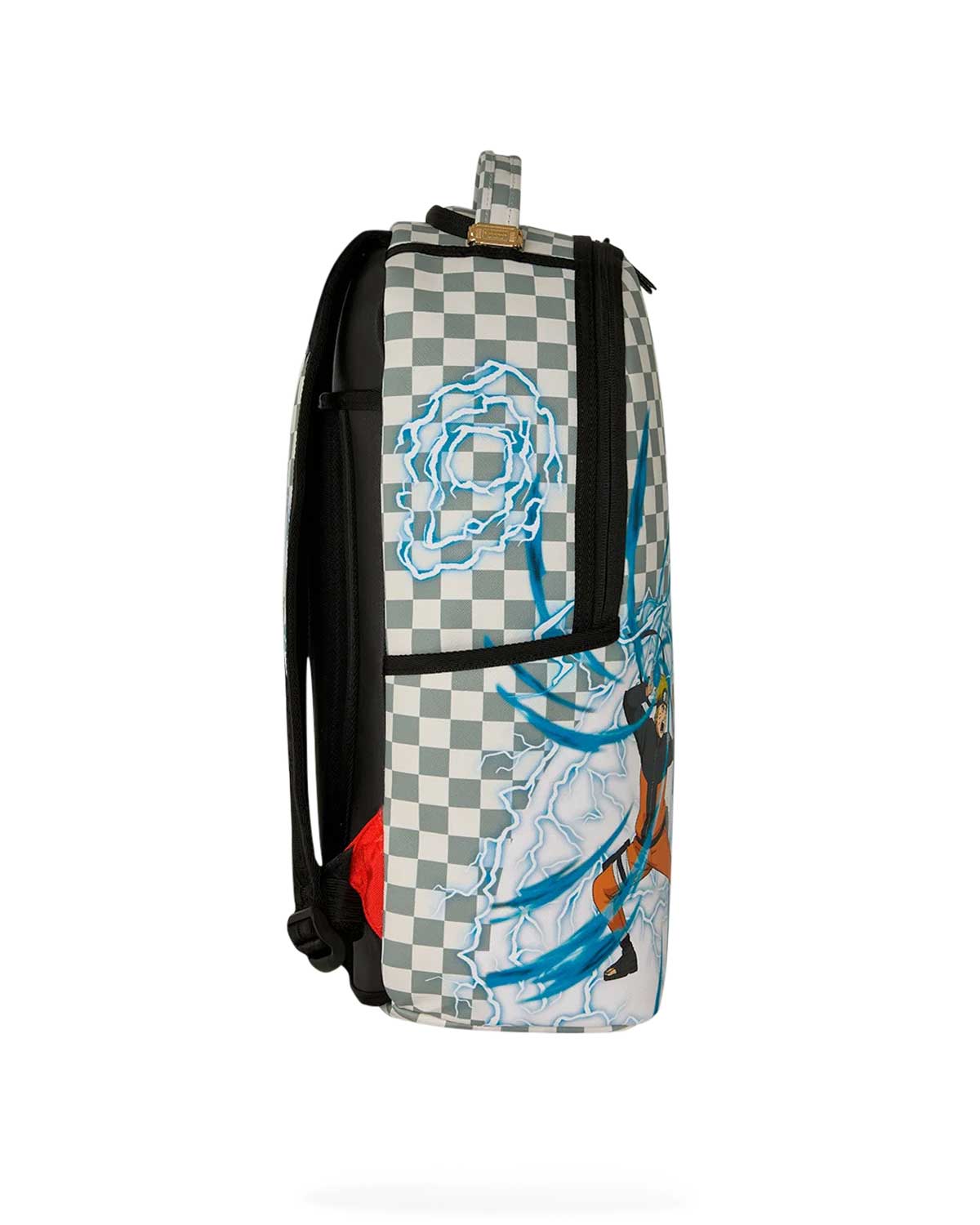 Sprayground Naruto vs Sasuke Backpack, side view of the checkered panels