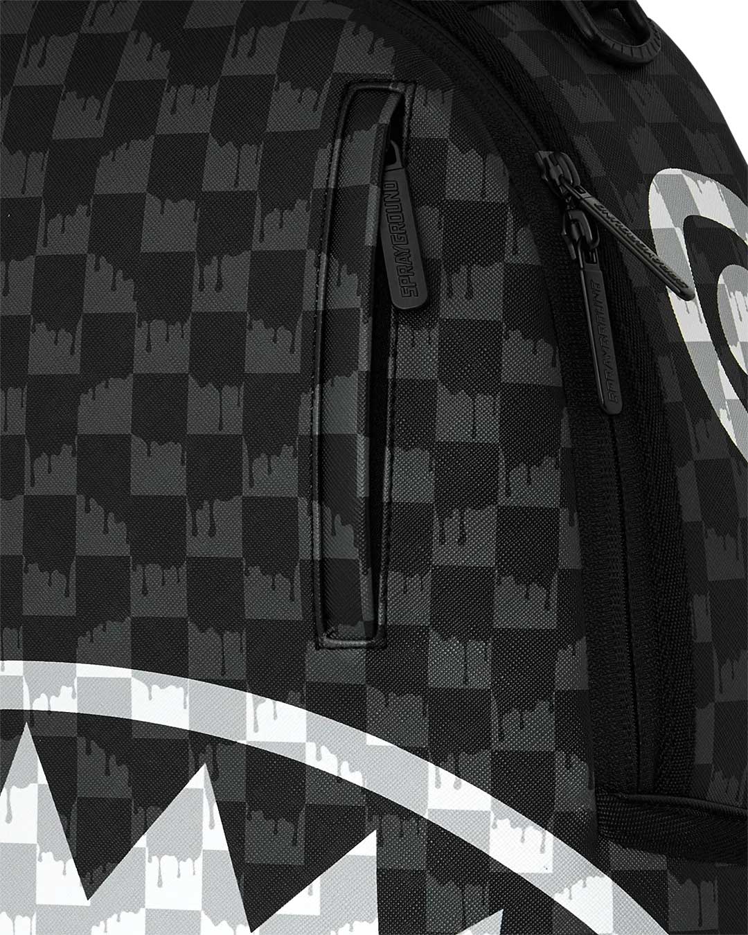 Sprayground Noir Fang Backpack, close-up of the tonal checkerboard texture