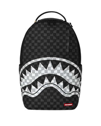Sprayground Noir Fang Backpack, blacked-out tonal checkerboard backpack with silver-grey shark mouth, front view