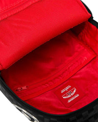 Sprayground Noir Fang Backpack, detail of the red Sprayground label