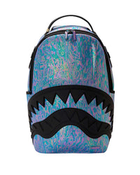 Sprayground Oil Spill Shark Backpack, iridescent oil-slick backpack with matte-black rubber shark mouth, front view