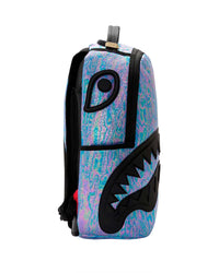 Sprayground Oil Spill Shark Backpack, side view of the iridescent shimmer