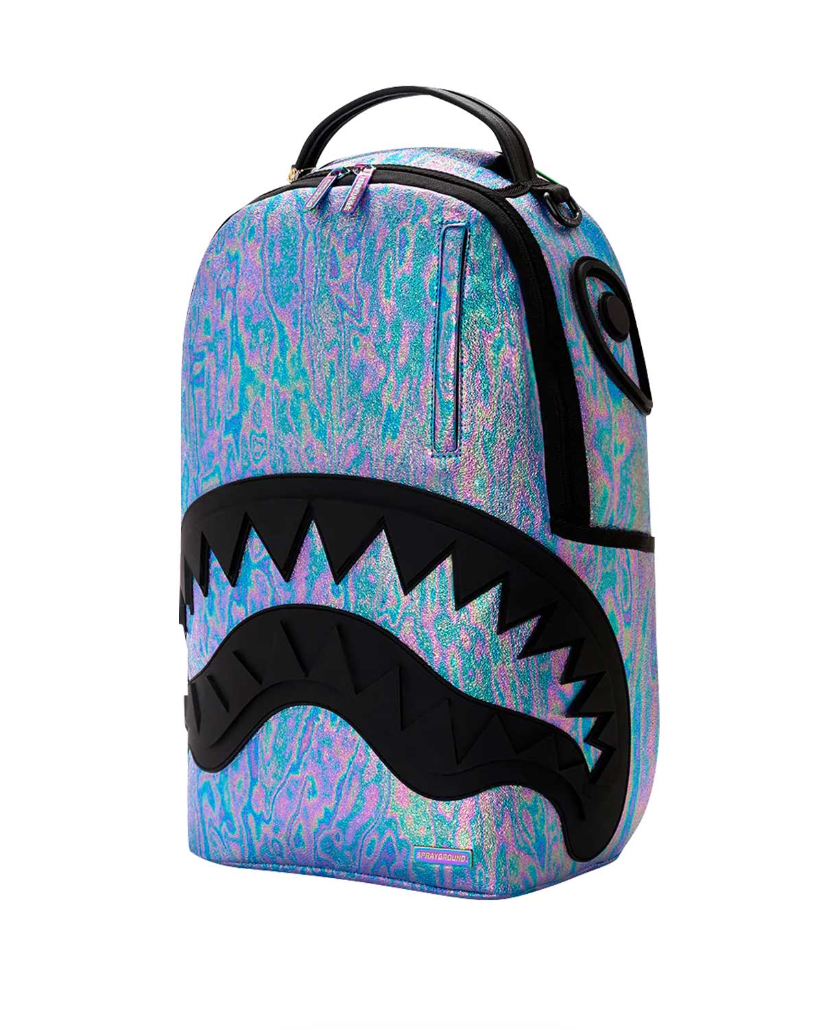 Sprayground Oil Spill Shark Backpack, side profile view