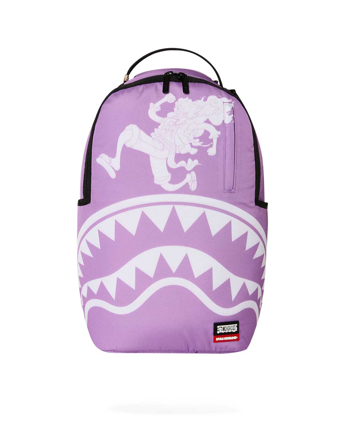 Sprayground One Piece Gear 5 Stencil Backpack, lilac backpack with white Gear 5 Luffy stencil and bold white shark mouth, front view