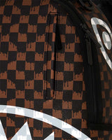 Sprayground Paris Fang Backpack, close-up of the checkerboard print and shark teeth