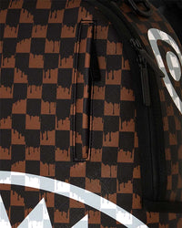 Sprayground Paris Fang Backpack, close-up of the checkerboard print and shark teeth
