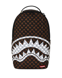 Sprayground Paris Fang Backpack, brown checkerboard backpack with silver-grey drip shark mouth, front view