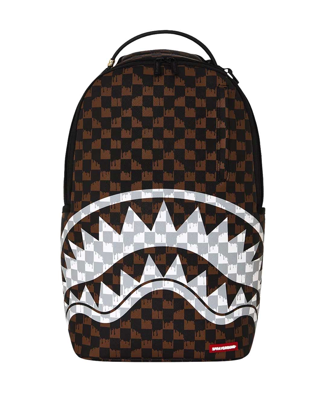Sprayground Paris Fang Backpack, brown checkerboard backpack with silver-grey drip shark mouth, front view