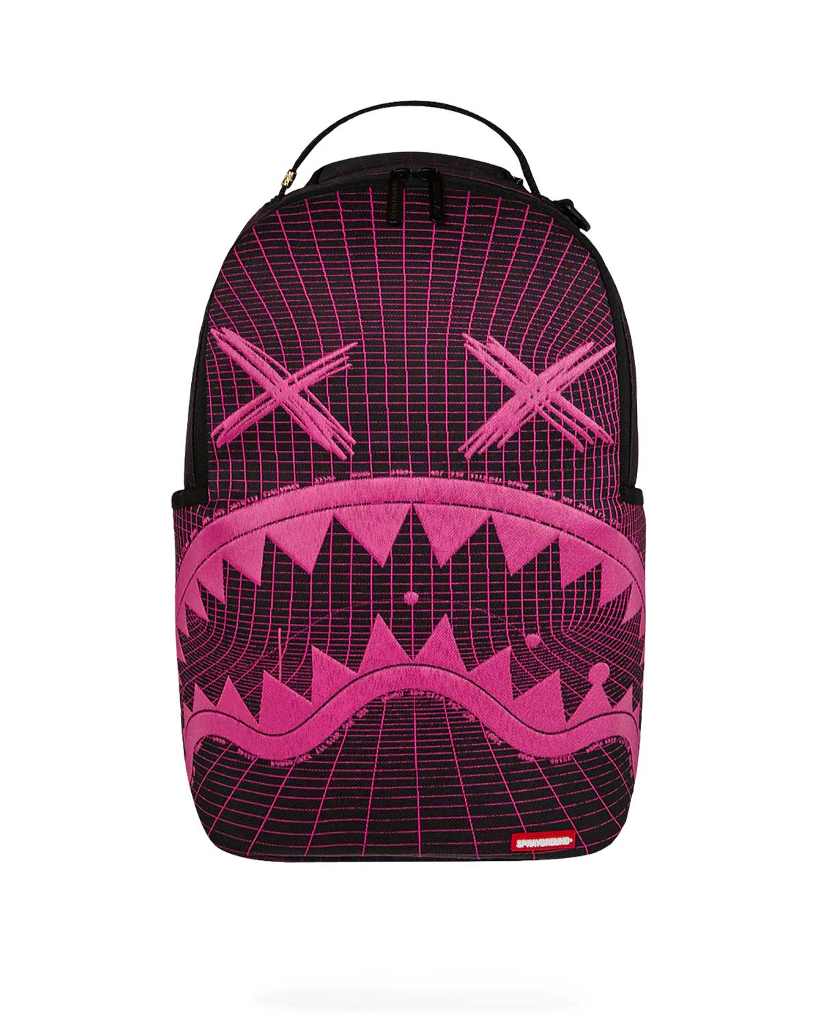 Sprayground Party Shark Fiber Optics Backpack, black backpack with glowing pink wireframe shark face and X-ed eyes, front view