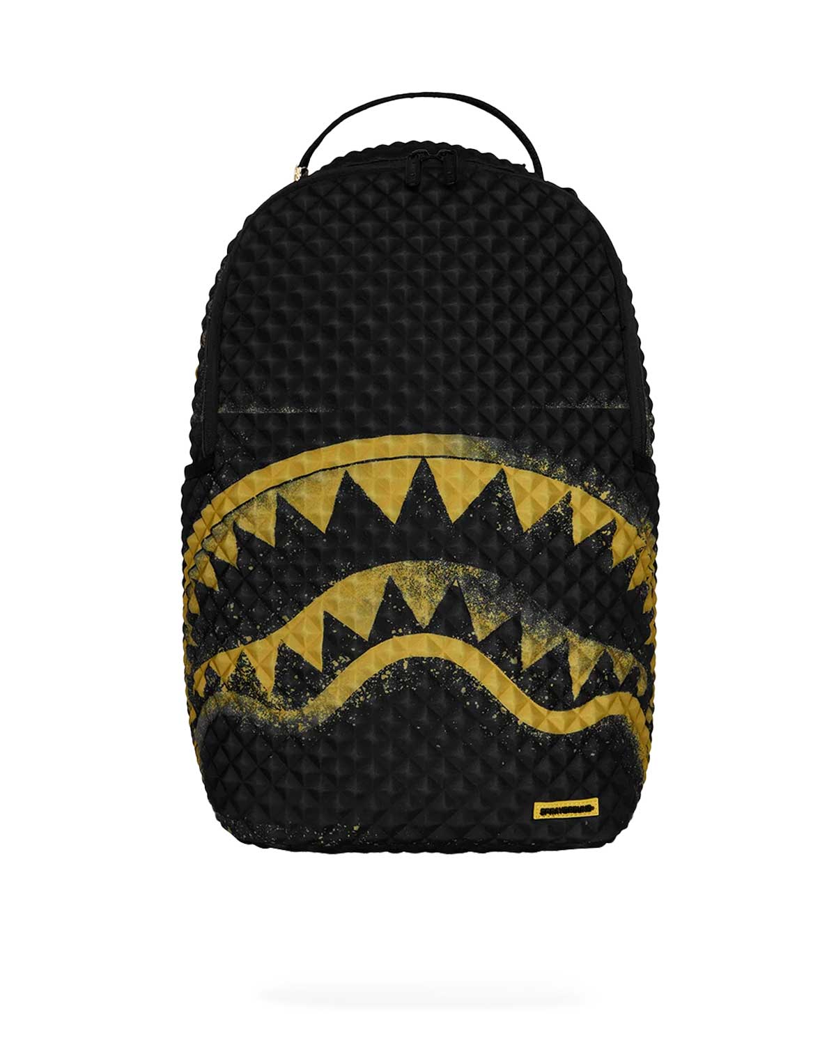 Sprayground Pyramid Stencil Shark Backpack Black, pyramid-studded black backpack with gold spray-stencil shark mouth, front view