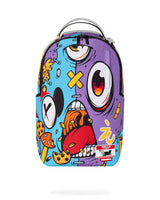 Sprayground SH11NAO1 Backpack BA6DD, stitched split-monster backpack in blue and purple with cartoon eyes and cookie-catching mouth, front view