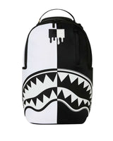Sprayground Shark Central 2.0 Beyond Time Backpack, split black and white body with mirrored shark mouth, front view
