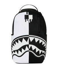 Sprayground Shark Central 2.0 Beyond Time Backpack, split black and white body with mirrored shark mouth, front view