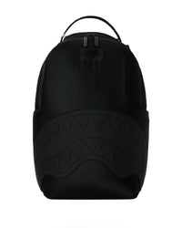 Sprayground Shark Central Blacked Out Nylon Backpack, all-black embossed backpack with tonal shark mouth, front view