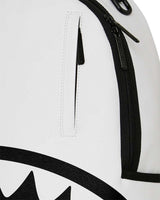 Sprayground Shark Central Bubbly White Backpack, detail of the Shark Central stencil lettering
