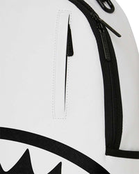 Sprayground Shark Central Bubbly White Backpack, detail of the Shark Central stencil lettering