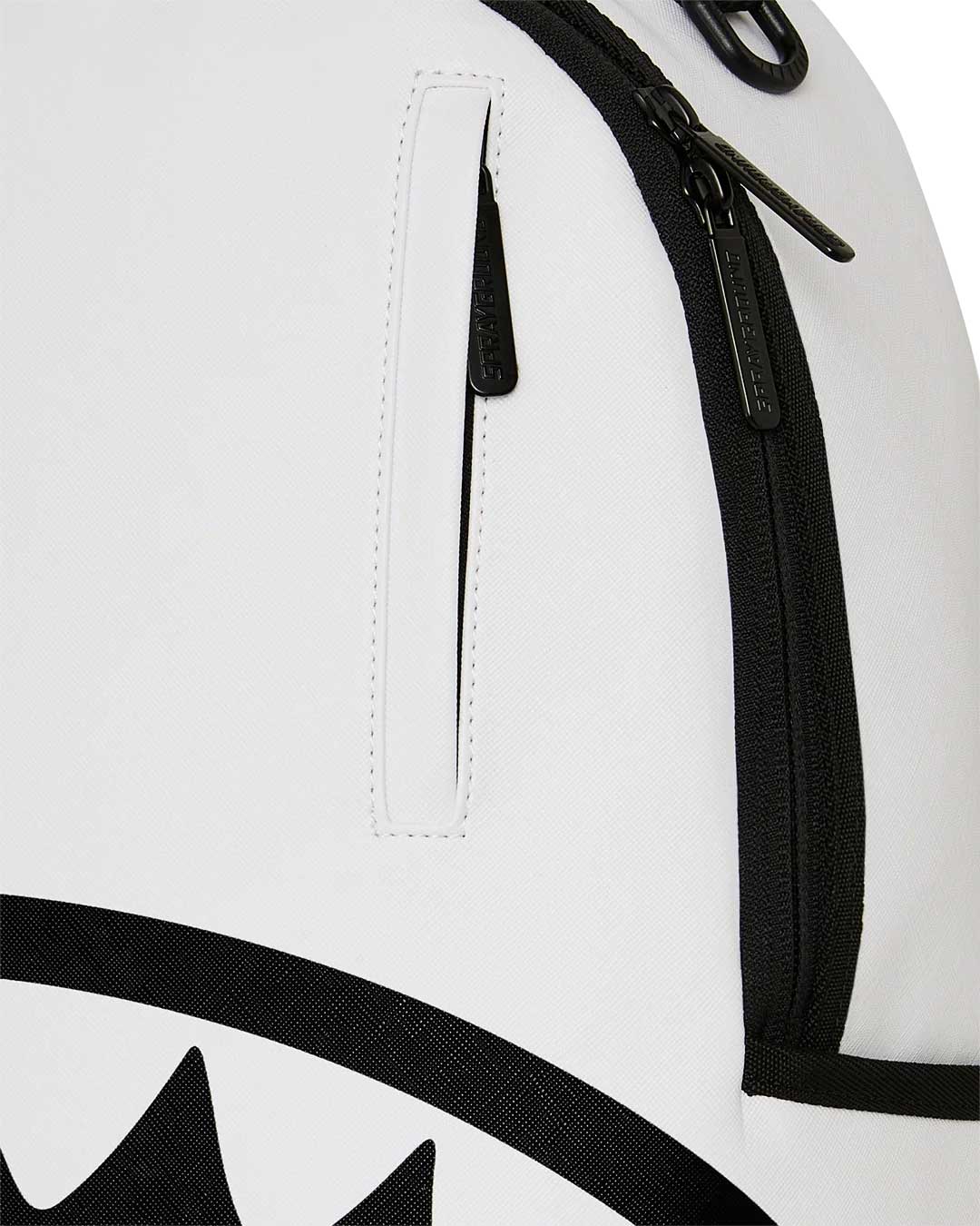 Sprayground Shark Central Bubbly White Backpack, detail of the Shark Central stencil lettering
