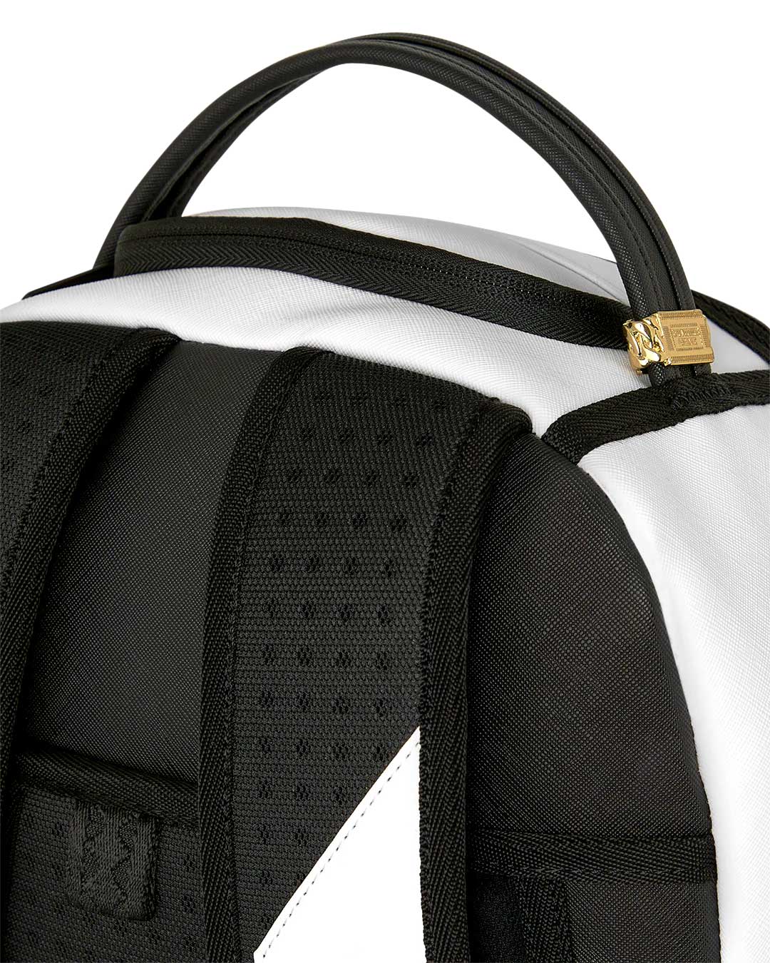 Sprayground Shark Central Bubbly White Backpack, close-up of the top carry handle