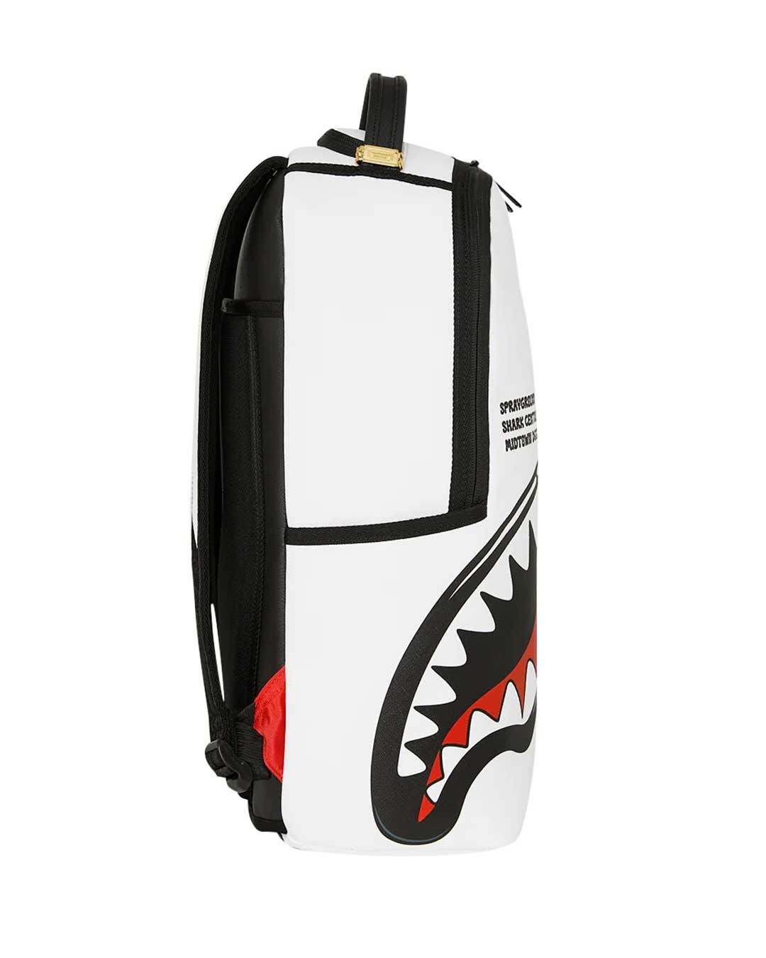 Sprayground Shark Central Bubbly White Backpack, side profile view