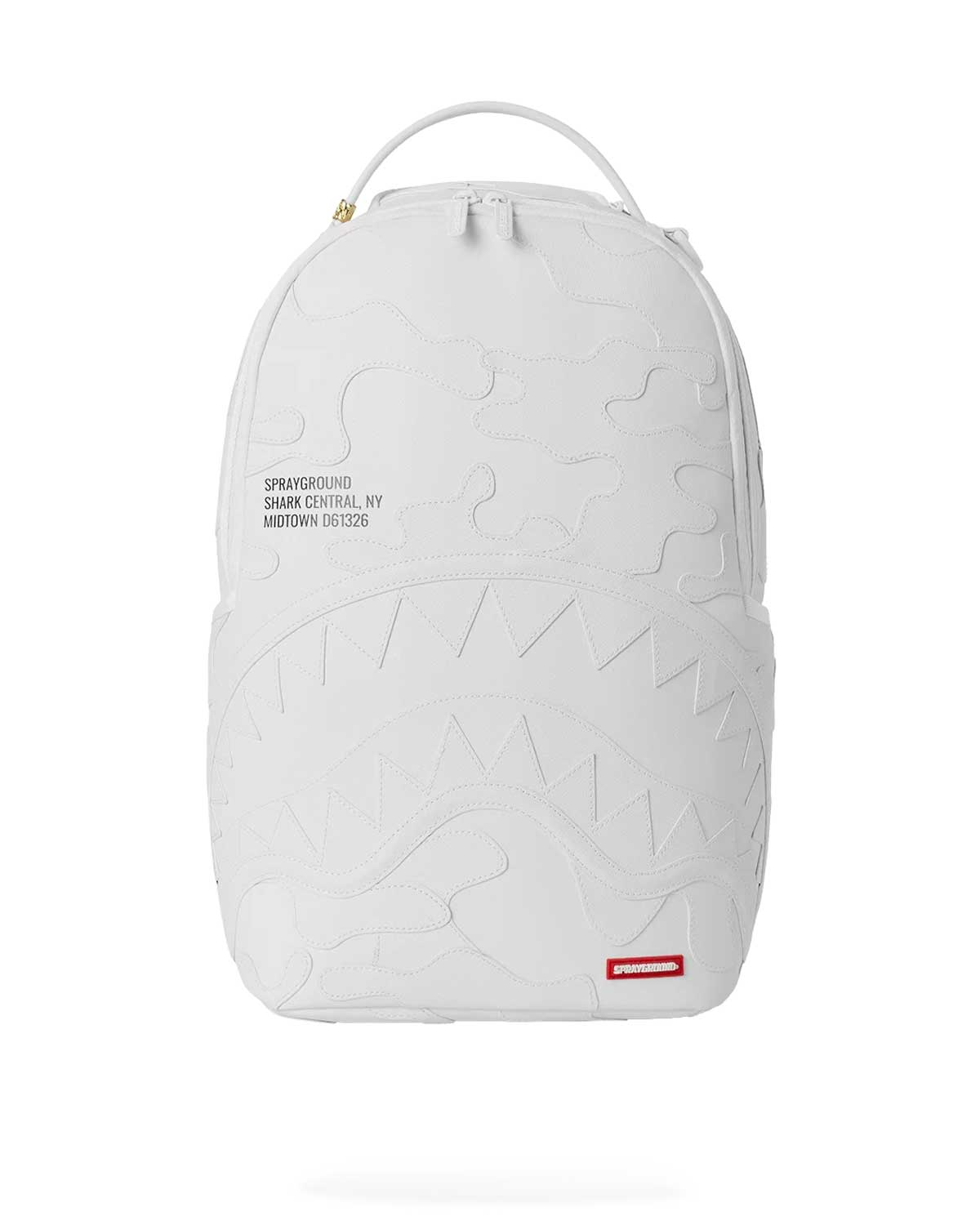 Sprayground Shark Central Camo Cut Shark White Backpack, white tonal camo appliqué backpack with embossed shark mouth and Shark Central NY lettering, front view