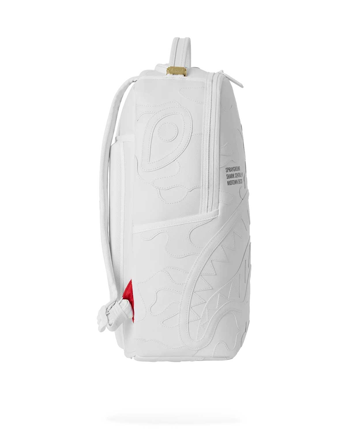 Sprayground Shark Central Camo Cut Shark White Backpack, side view of the camo panels