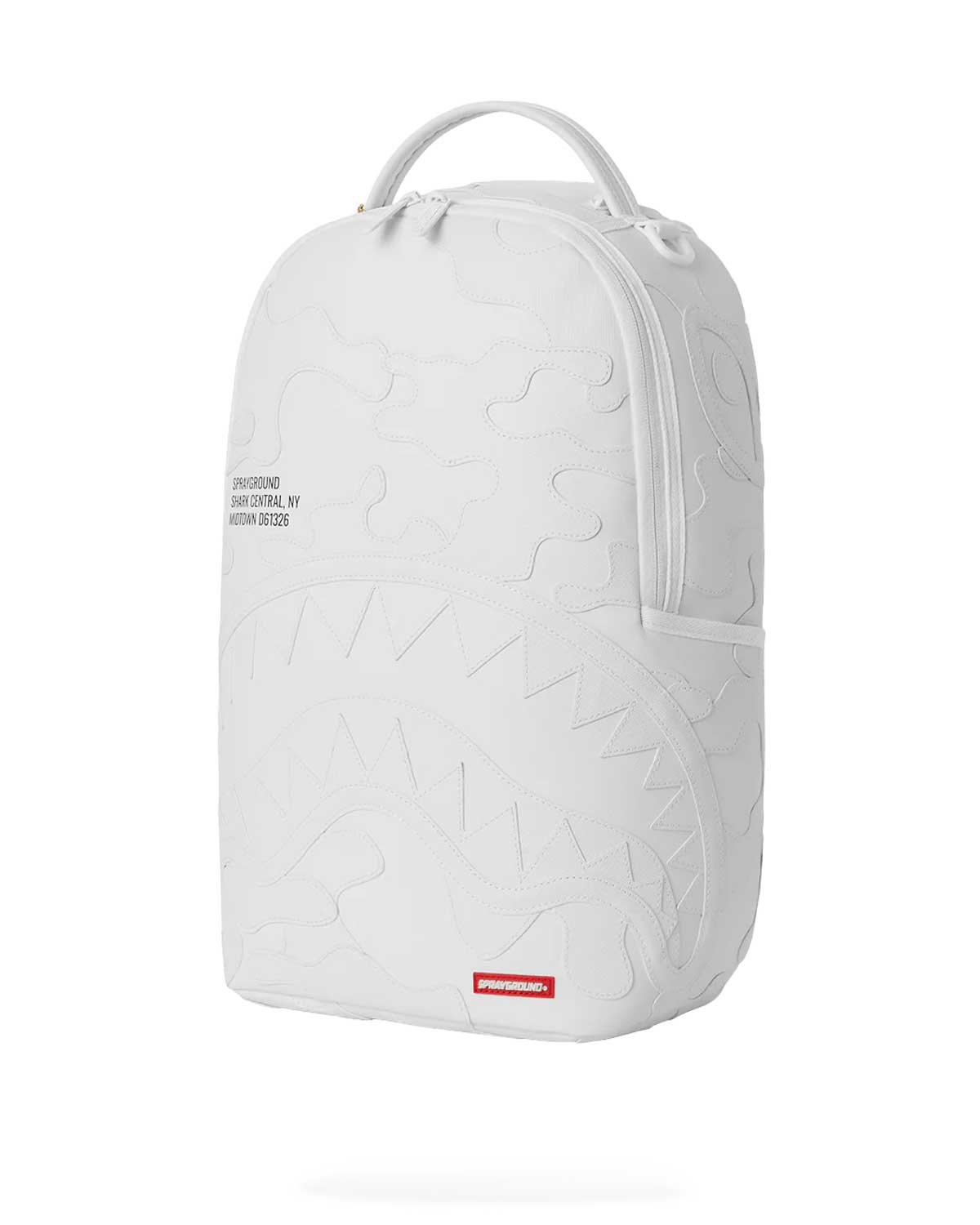 Sprayground Shark Central Camo Cut Shark White Backpack, side profile view