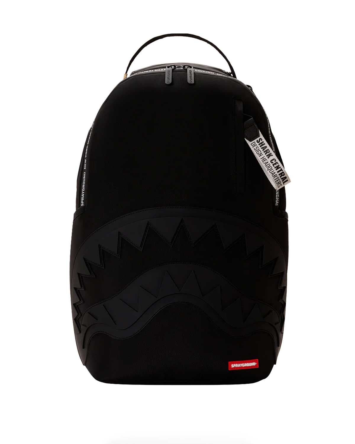Sprayground Shark Central Printed Zip Backpack, all-black backpack with tonal shark mouth and Shark Central pull tag, front view