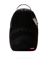 Sprayground Shark Central Printed Zip Backpack, all-black backpack with tonal shark mouth and Shark Central pull tag, front view