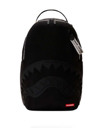 Sprayground Shark Central Printed Zip Backpack, all-black backpack with tonal shark mouth and Shark Central pull tag, front view