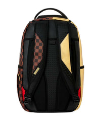 Sprayground Sharks In Paris Gold Drip DLXSV Backpack, back view showing padded shoulder straps