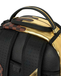 Sprayground Sharks In Paris Gold Drip DLXSV Backpack, close-up of the top carry handle