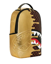 Sprayground Sharks In Paris Gold Drip DLXSV Backpack, turned three-quarter view