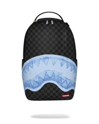 Sprayground Sharks On Iceberg Backpack, dark checkerboard backpack with icy blue shark mouth, front view