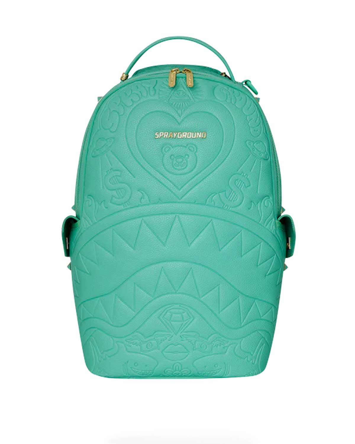 Sprayground Baby Bear Baddie Mint, mint embossed backpack with teddy-bear heart crest and tonal shark mouth, front view