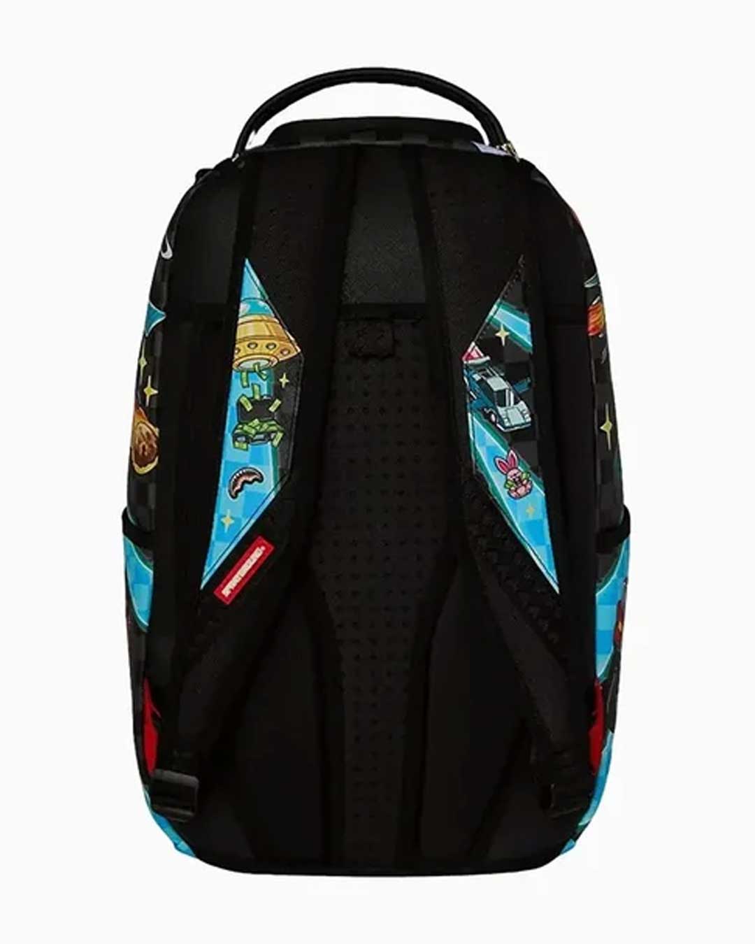 Sprayground Space Warped RMB Backpack blue, back view showing padded shoulder straps