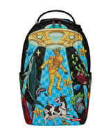 Sprayground Space Warped RMB Backpack blue, blue checkerboard backpack with a gold UFO beaming up a crowned astronaut, front view
