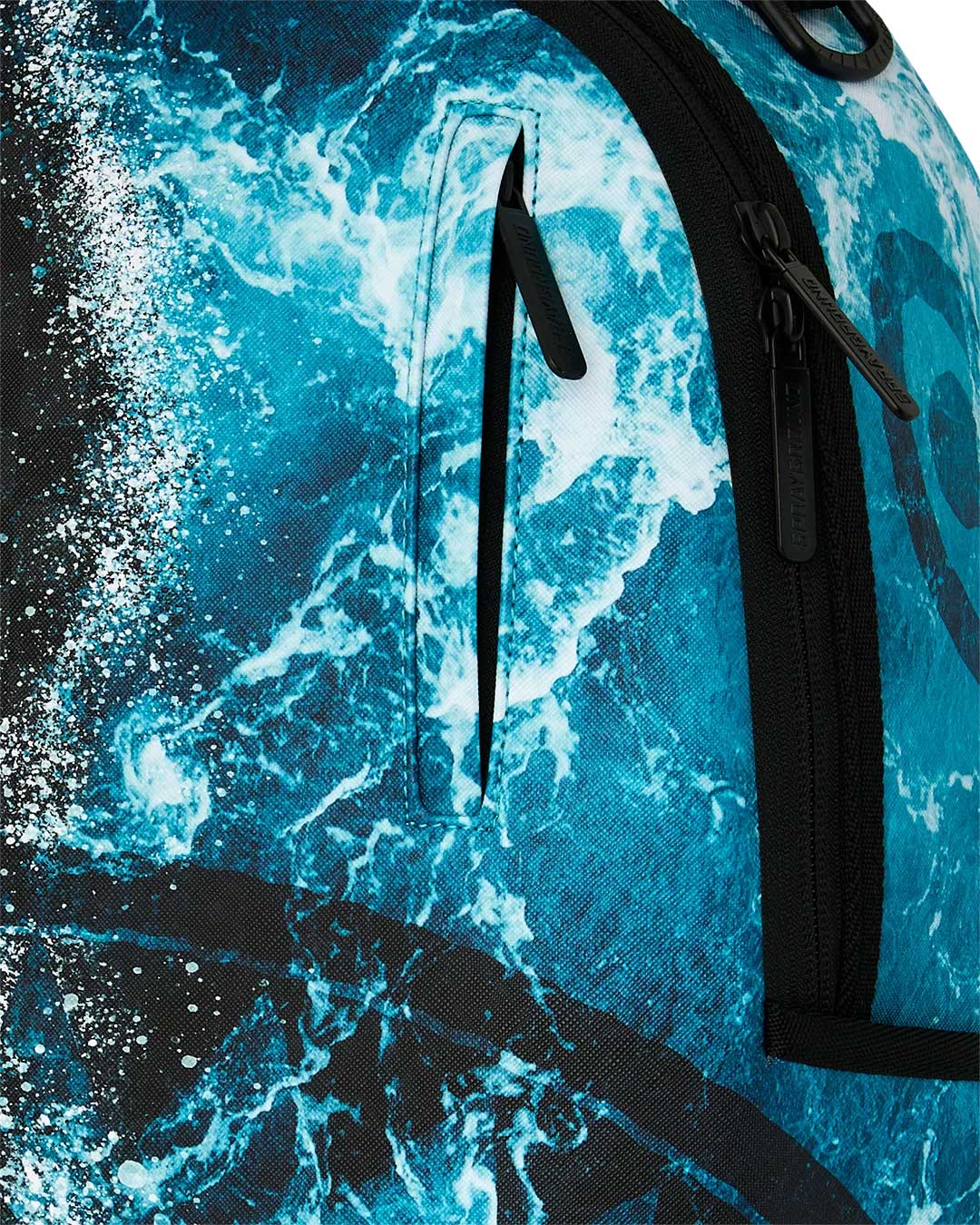 Sprayground Split Ocean Deep Backpack blue, detail of the ocean print and foam spray seam