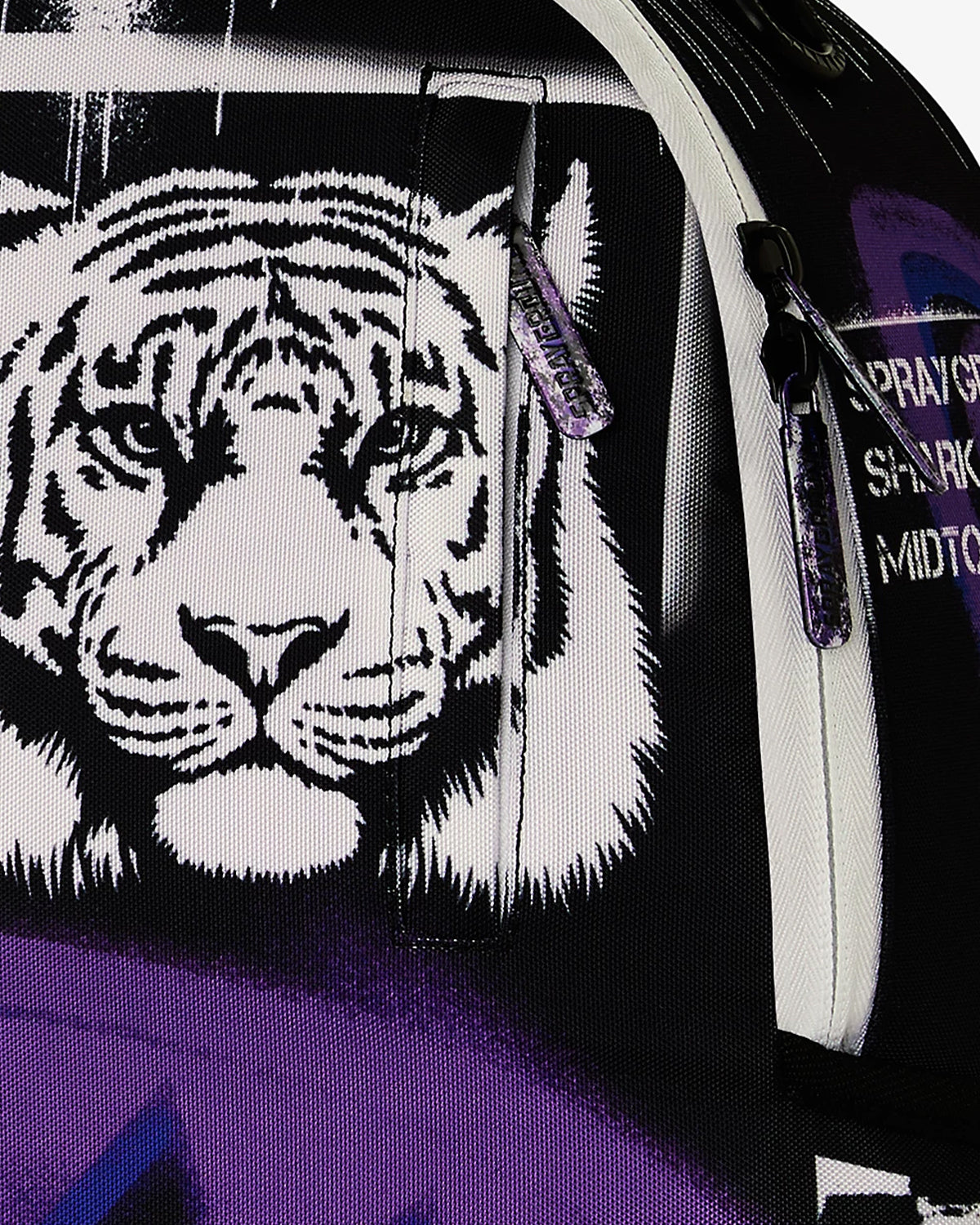 Sprayground Stencil Shark Attack Backpack purple, close-up of the top carry handle