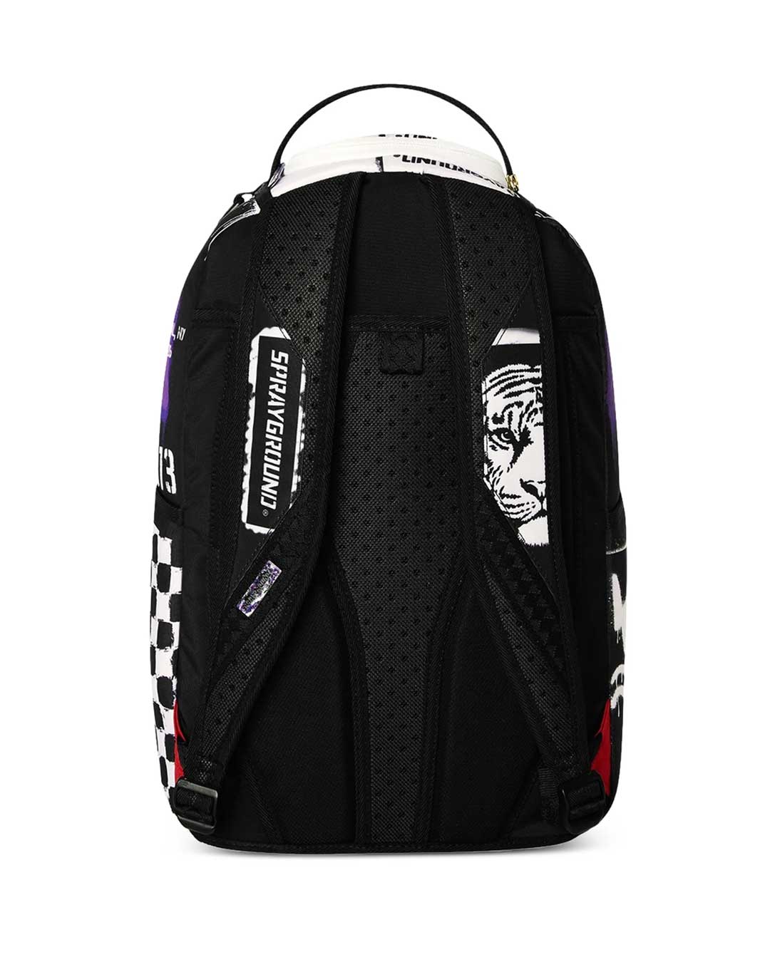 Sprayground Stencil Shark Attack Backpack purple, back view showing padded shoulder straps