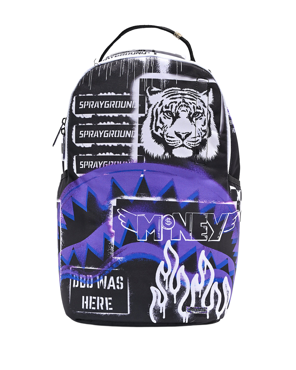 Sprayground Stencil Shark Attack Backpack purple, spray-stencil tiger and Sprayground bars over a purple shark mouth, front view