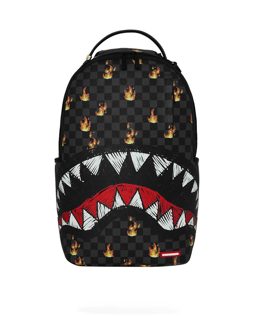 Sprayground Super Hot Fire Sharks In Paris Backpack, black tonal checkerboard backpack with flame print and sketched shark mouth, front view