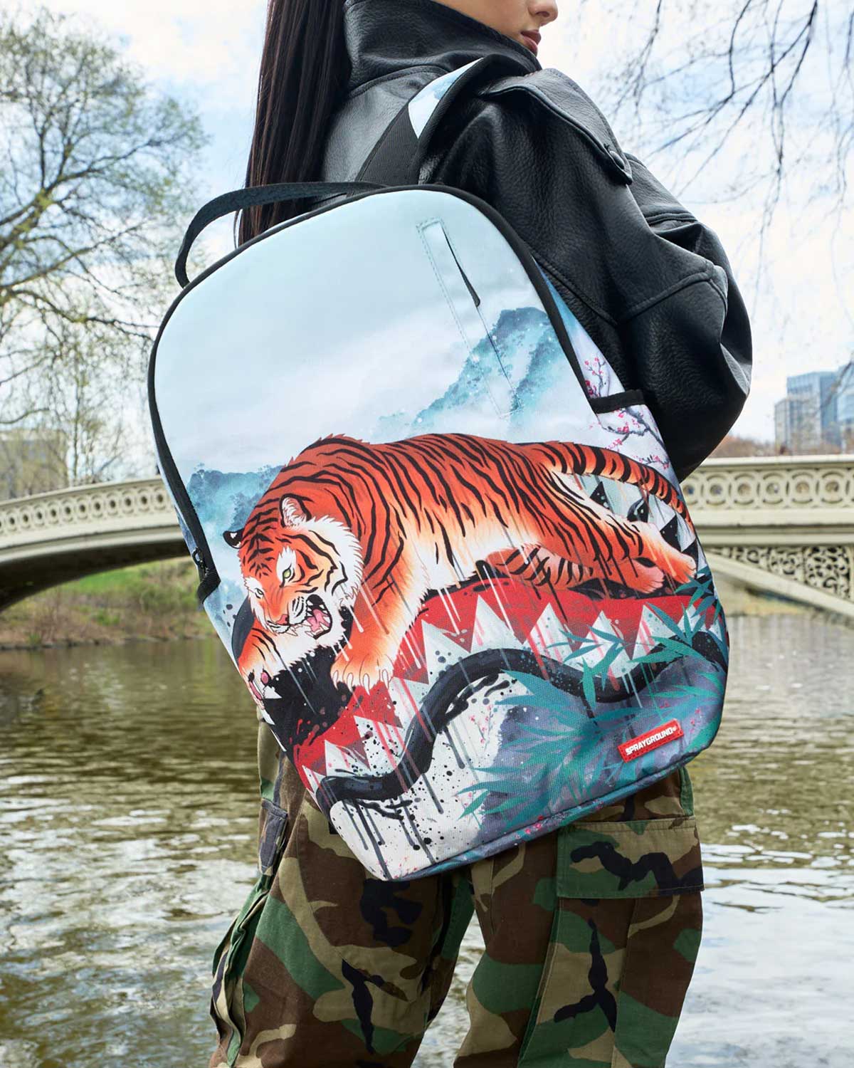 Sprayground Tiger Claw Backpack, worn on a model