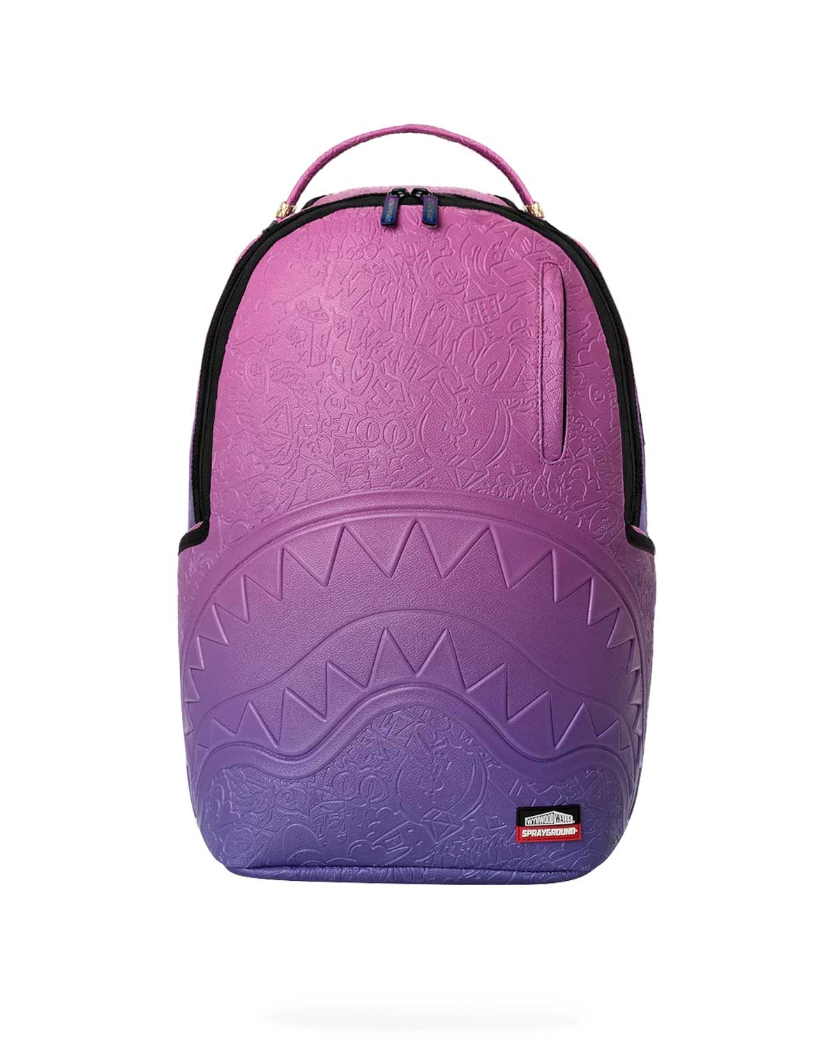 Sprayground Wynwood Walls Purple Doodle Emboss Backpack, pink-to-purple gradient backpack with embossed doodles and shark mouth, front view