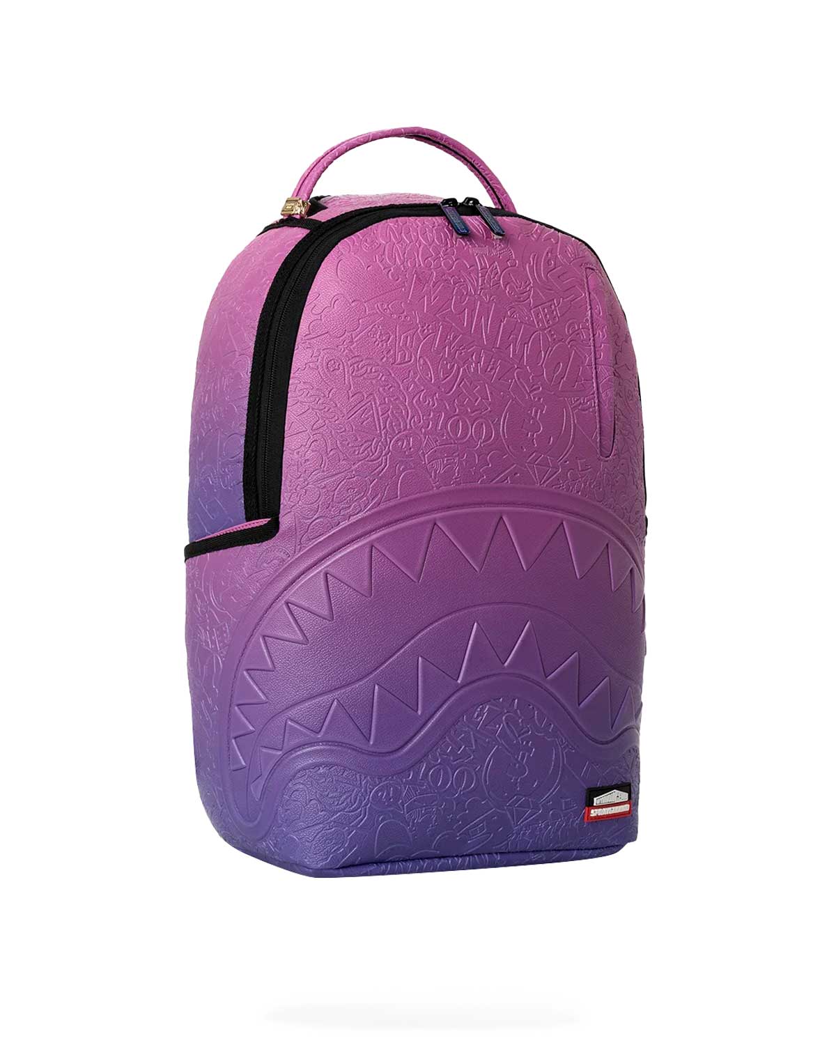 Sprayground Wynwood Walls Purple Doodle Emboss Backpack, side view of the gradient panels