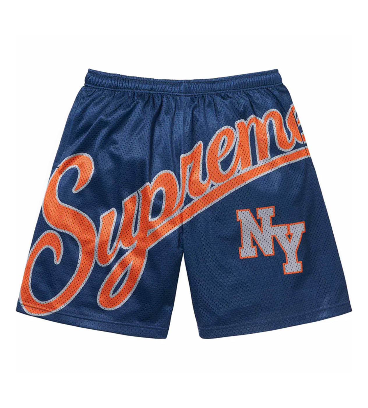 Supreme Big Script Mesh Shorts Navy front view