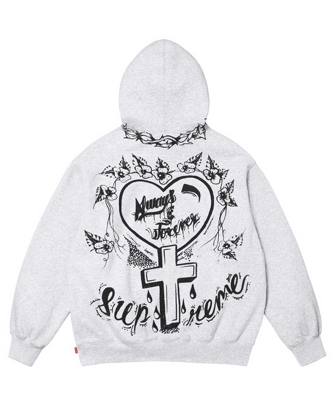 Supreme Forever Hooded Sweatshirt ash grey, back view showing the winged-heart and cross graphic