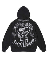 Supreme Forever Hooded Sweatshirt black, back view showing the winged-heart and cross graphic