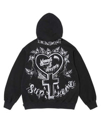 Supreme Forever Hooded Sweatshirt black, back view showing the winged-heart and cross graphic