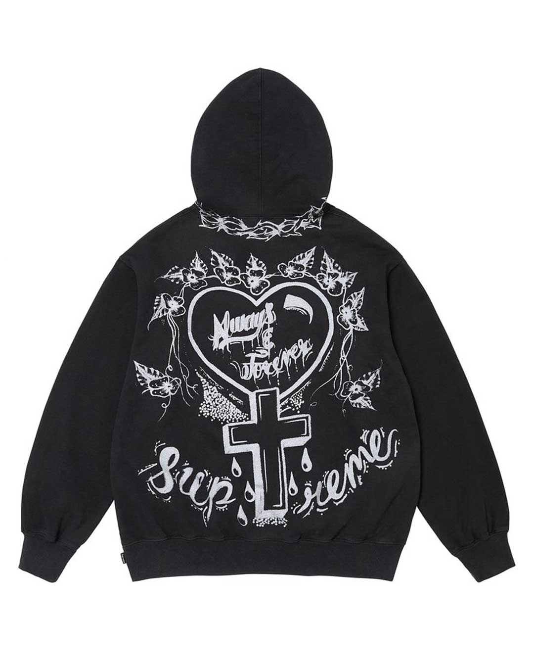 Supreme Forever Hooded Sweatshirt black, back view showing the winged-heart and cross graphic